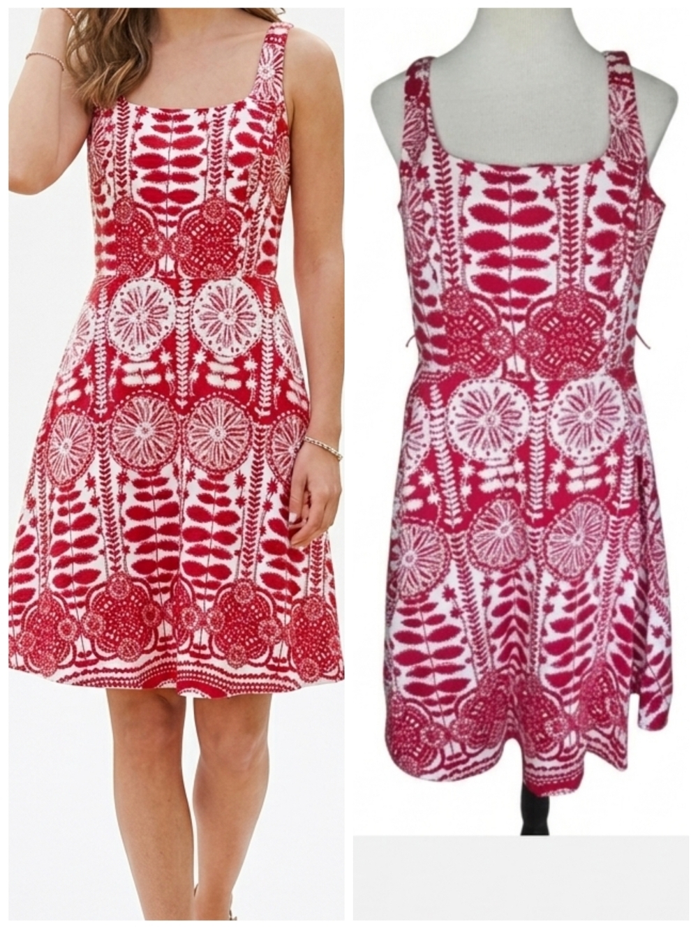 Floral Milkmaid Dress Fit And Flair Dress Red and White Women's Size 10